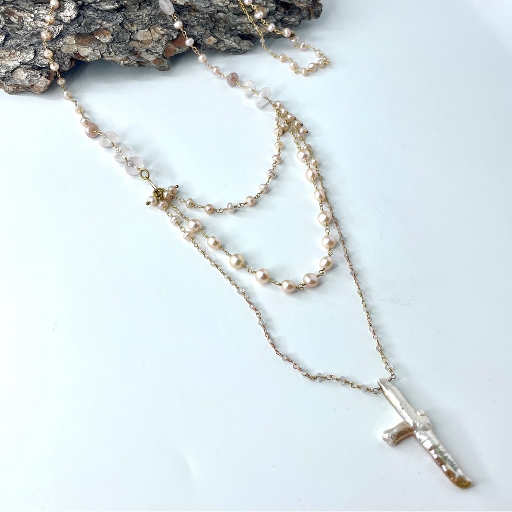 Blush Pink Gemstone 14k Gold Filled Multistrand Necklace, Baroque Pearl Cross - Picture 7 of 7